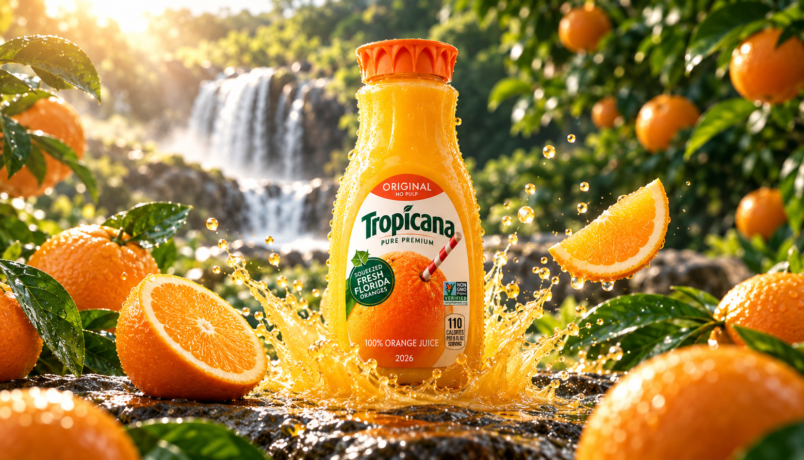 Tropicana Pure Premium project supporting image: Product study: the bottle bursting through a citrus splash.