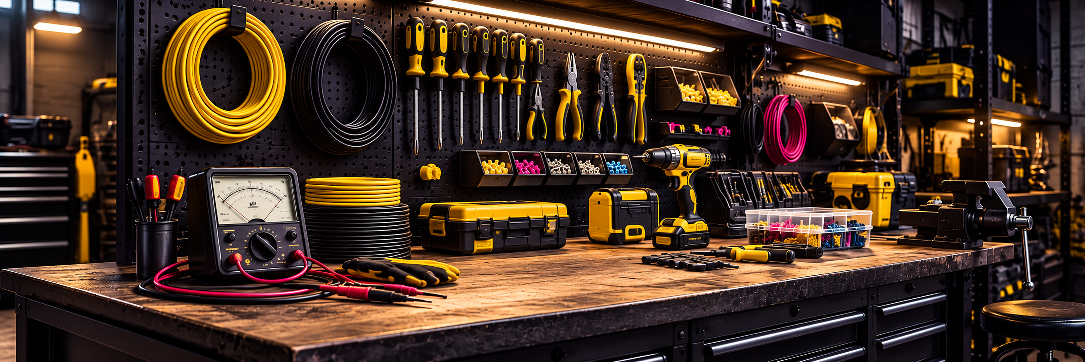 Married to 240 Volts project supporting image: Mood study: an electrician’s workbench after dark.