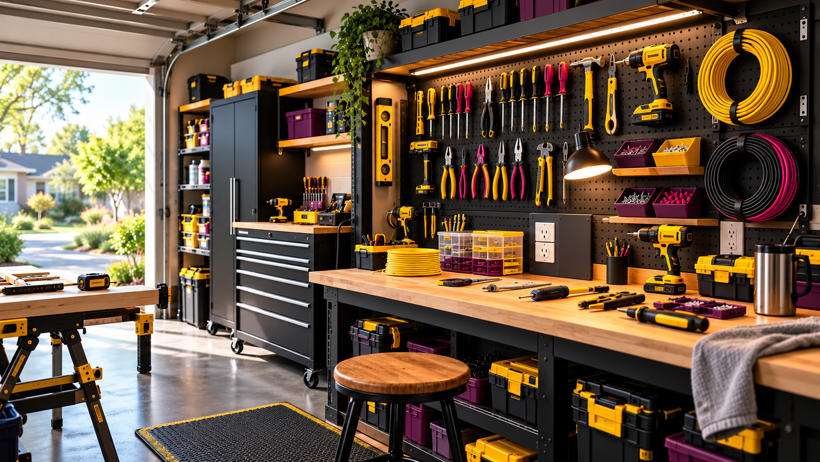 Married to 240 Volts project supporting image: Mood study: a bright garage workshop with yellow tools.