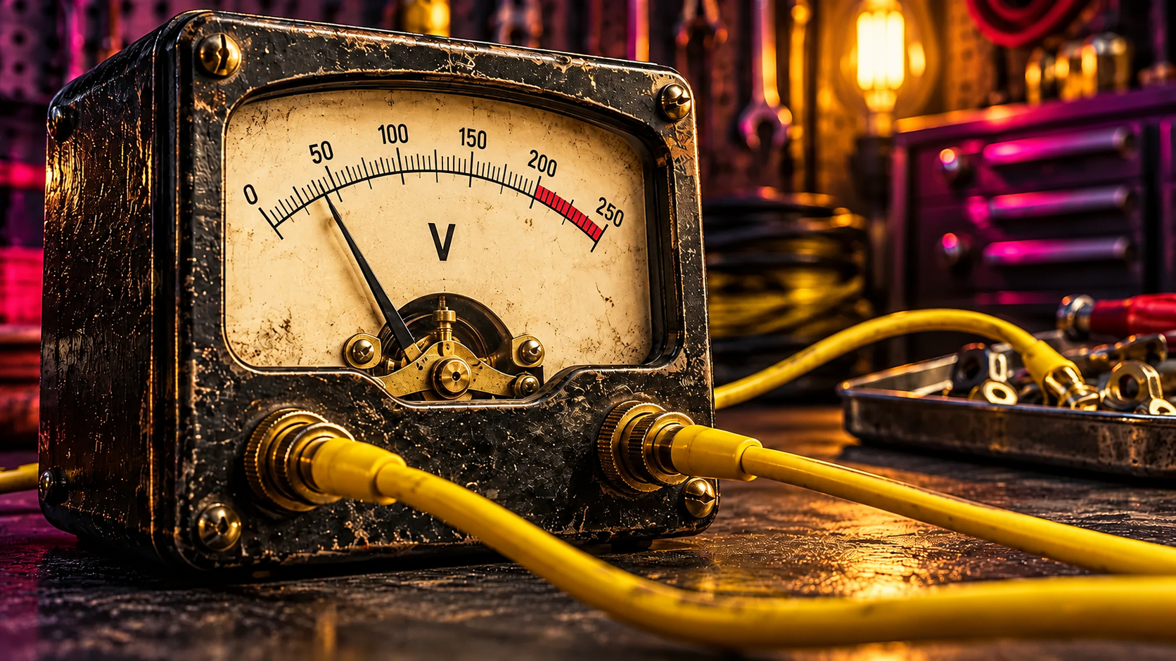 Married to 240 Volts project supporting image: Mood study: a vintage voltmeter, the needle the identity grew from.