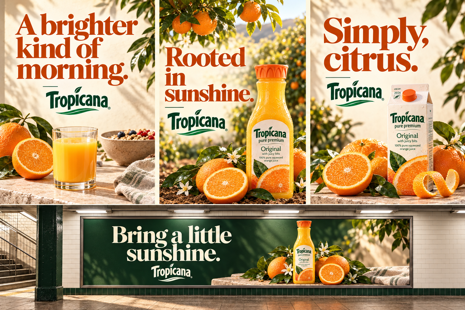 Speculative 2026 Tropicana campaign extension: three posters reading “A brighter kind of morning,” “Rooted in sunshine” and “Simply, citrus,” above a subway spread, “Bring a little sunshine.”