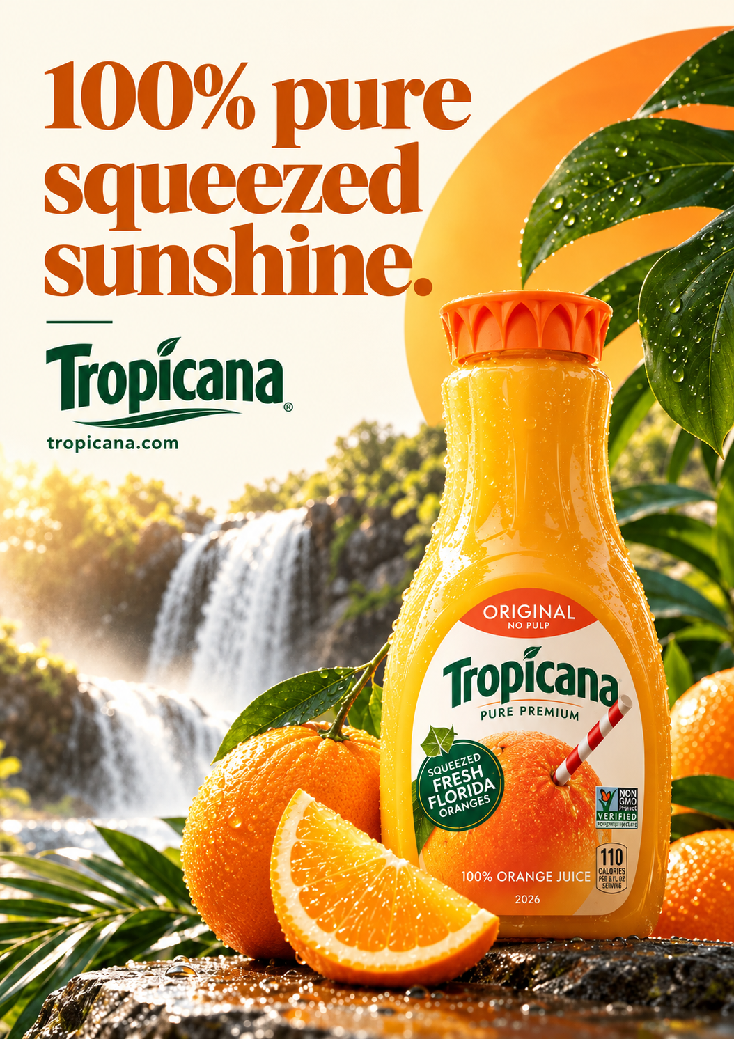 Tropicana Pure Premium out-of-home poster, beverage advertising design: bottle and oranges on wet stone before a waterfall, a sun disc behind the cap, headline “100% pure squeezed sunshine.”