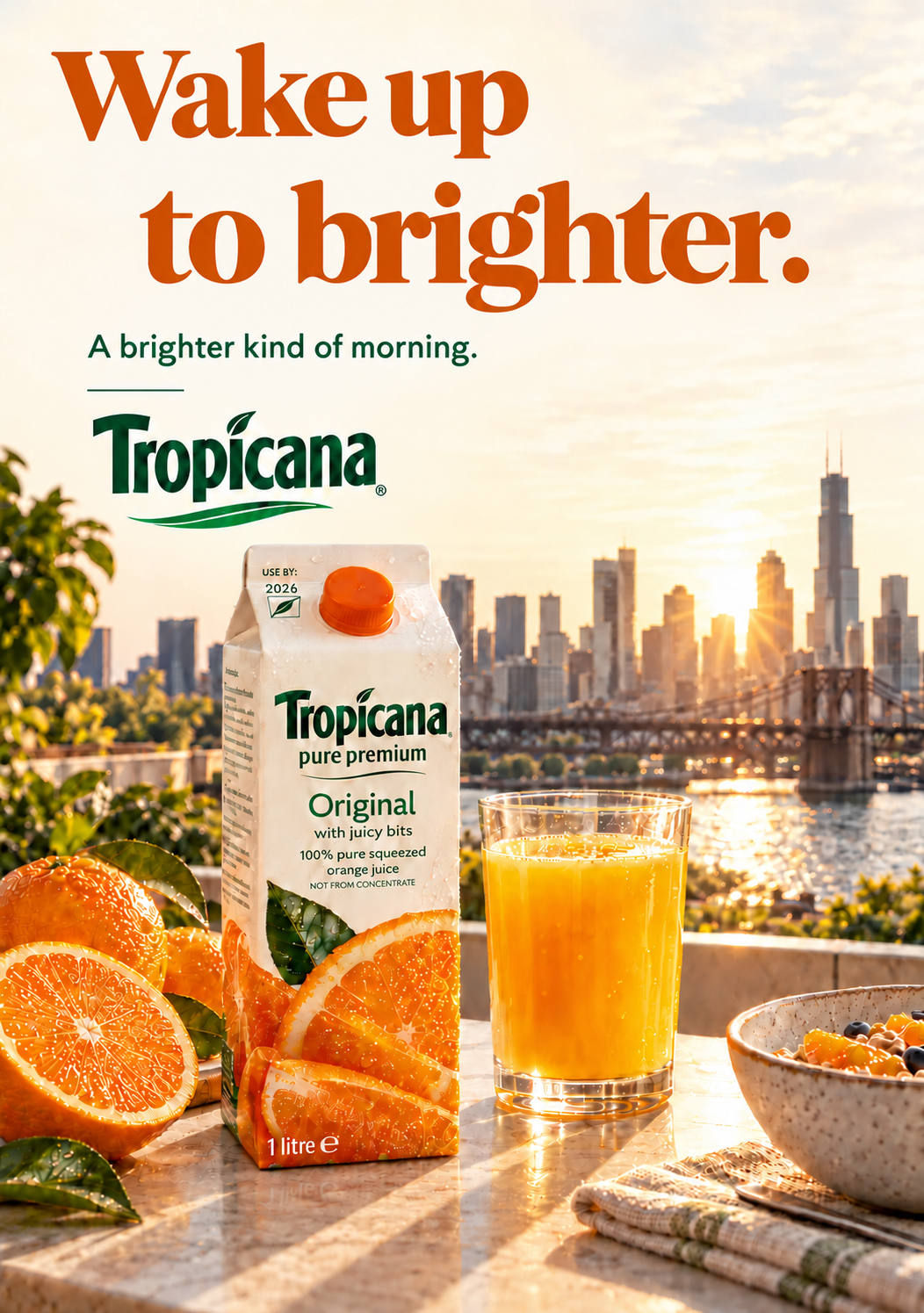 Tropicana Pure Premium campaign poster, CPG brand art direction: carton, glass of orange juice and cut oranges on a breakfast table facing a sunrise skyline, headline “Wake up to brighter.”