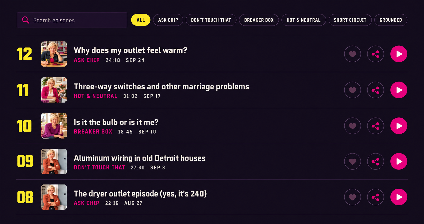 Married to 240 Volts website episode archive, UI design: a search field, segment filter pills and episode rows with thumbnails, run times and dates