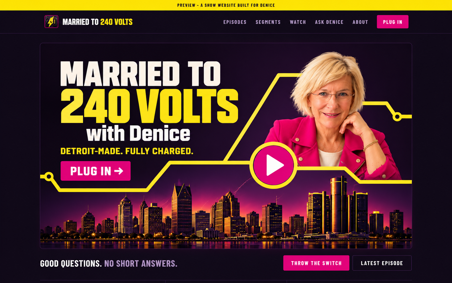 Married to 240 Volts podcast website homepage, show identity and web design by Chicago art director Kevin Halstead: riveted metal show lockup, host Denice in a ring of lightning, a 240 badge and a neon Detroit skyline