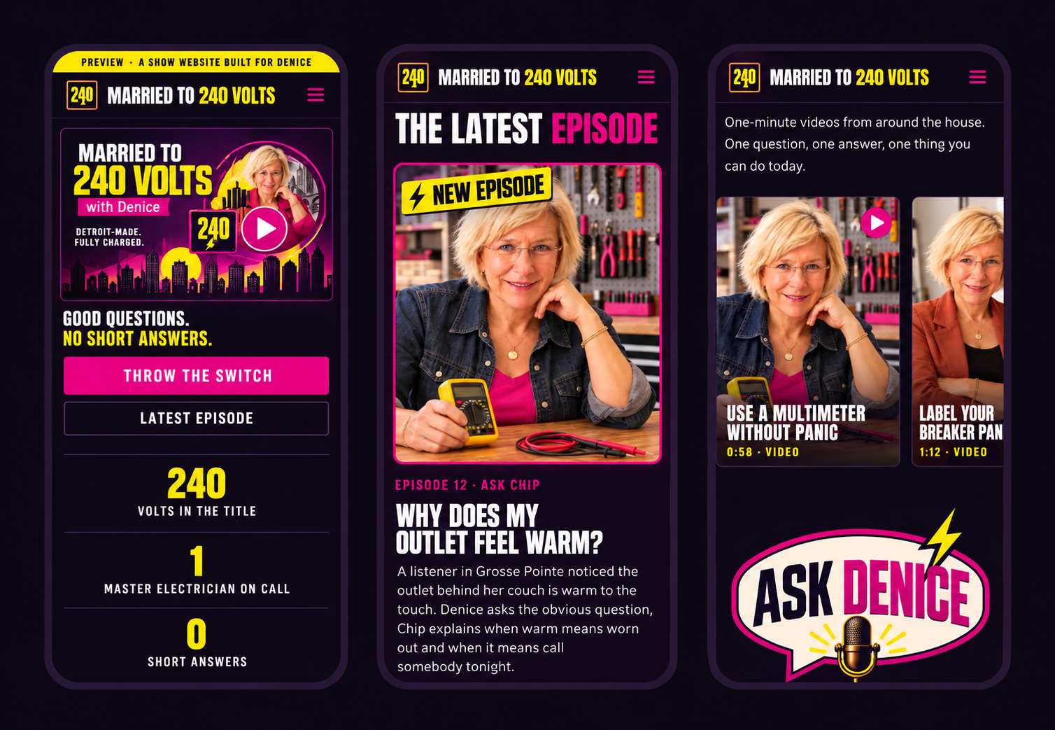 Married to 240 Volts website on three phone screens, mobile-first web design: homepage, latest episode and the how-to video row