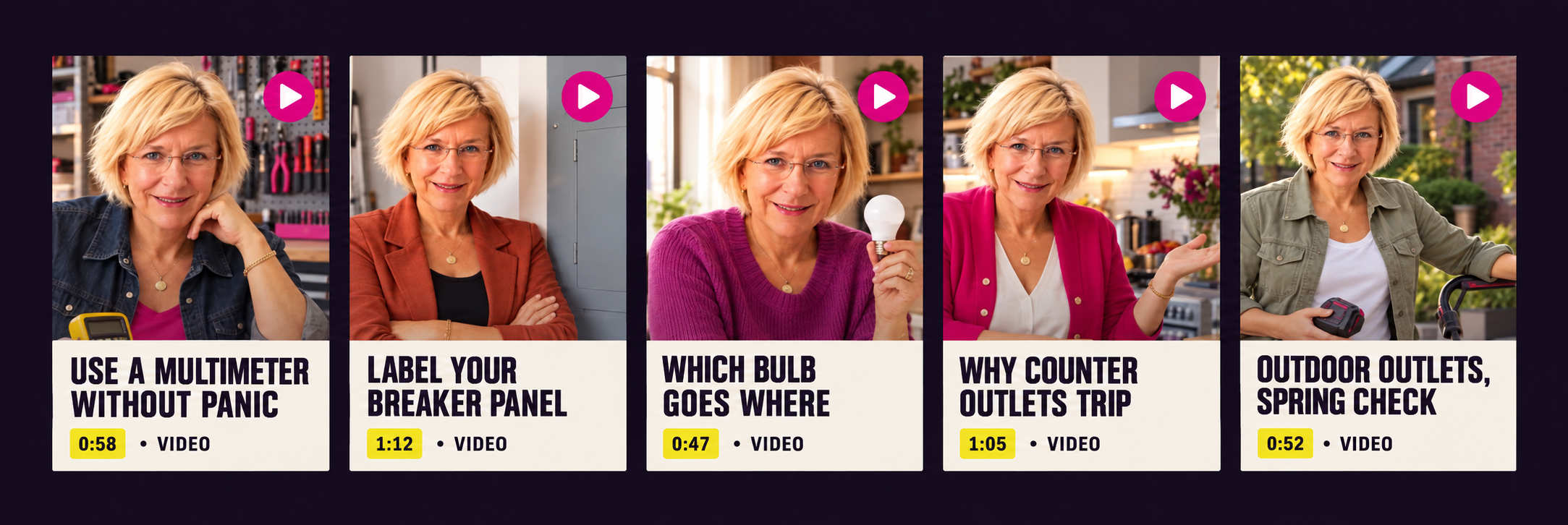 Married to 240 Volts website video row, social video design: five vertical how-to cards of Denice around the house, titled like to-do items
